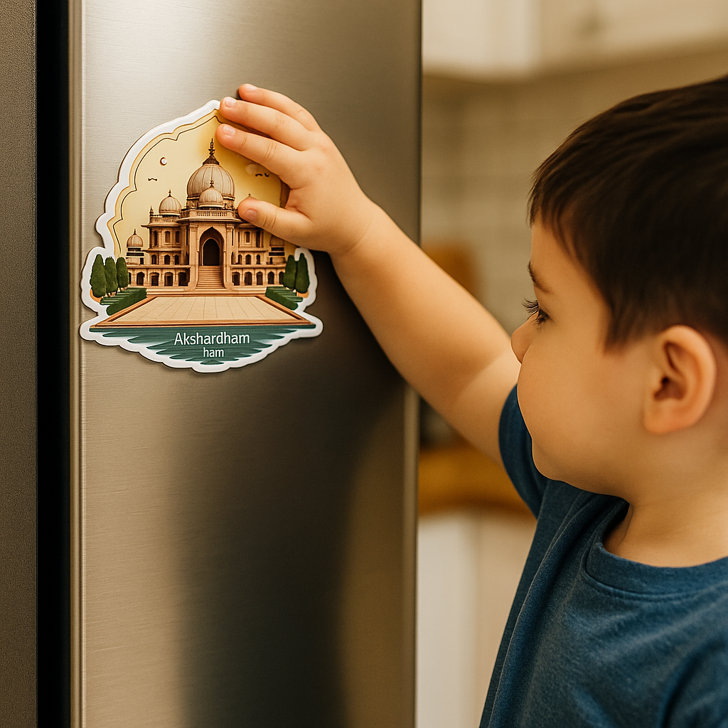 Akshardham Delhi Theme Souvenir Wooden Fridge Magnet for Refrigerator